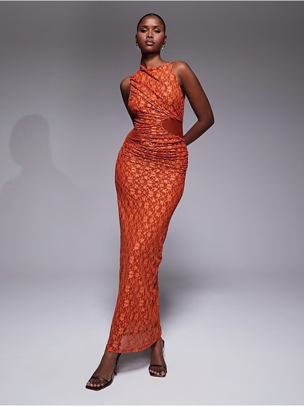 ASOS DESIGN Lace Midi Dress with Cowl Draped Skirt & Mesh Cutouts NWT Rust US 14